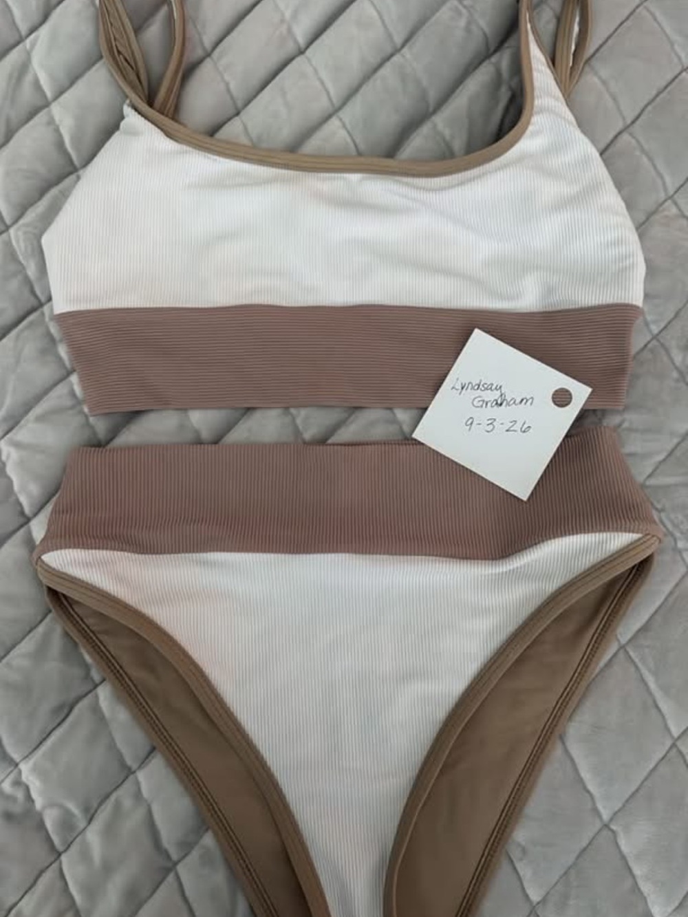 LainSnow White and Taupe Ribbed Two-Piece Bikini